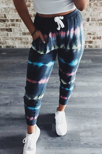 Ladies Tie Dye Drawstring Pants- NAVY