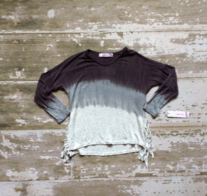 CLEARANCE - Play Six Dip Dye Black to Grey Fringe Long Sleeve Top