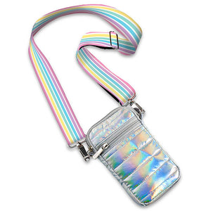 Iridescent Puffer Crossbody Cell Bag  w/Candy Stripe Strap