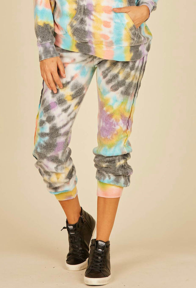 CLEARANCE - Ladies Vintage Havana Multi Swirl Tie Dye Reverse Burnout Fleece Joggers
