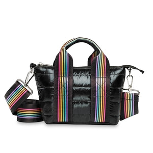 Black Puffer Tiny Tote W/Rainbow Track Straps