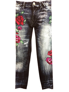 Clearance - Malibu Sugar Distressed Denim and Roses Leggings - Size 4-6X